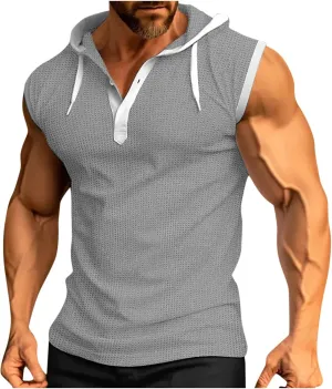 Men's Waffle Workout Hooded Tank Tops Button Down Sleeveless Gym Hoodies Color Block Training Athletic Muscle Pullover