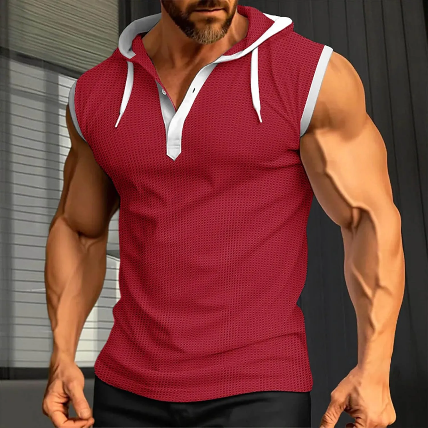 Men's Waffle Workout Hooded Tank Tops Button Down Sleeveless Gym Hoodies Color Block Training Athletic Muscle Pullover