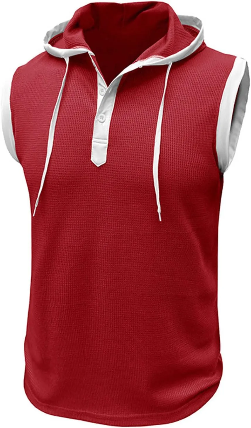 Men's Waffle Workout Hooded Tank Tops Button Down Sleeveless Gym Hoodies Color Block Training Athletic Muscle Pullover