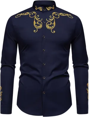 Mens Western Embroidered Shirts Long Sleeve Button Up Retro Dressy T-Shirt Flower Print Trendy Slim Blouse Top