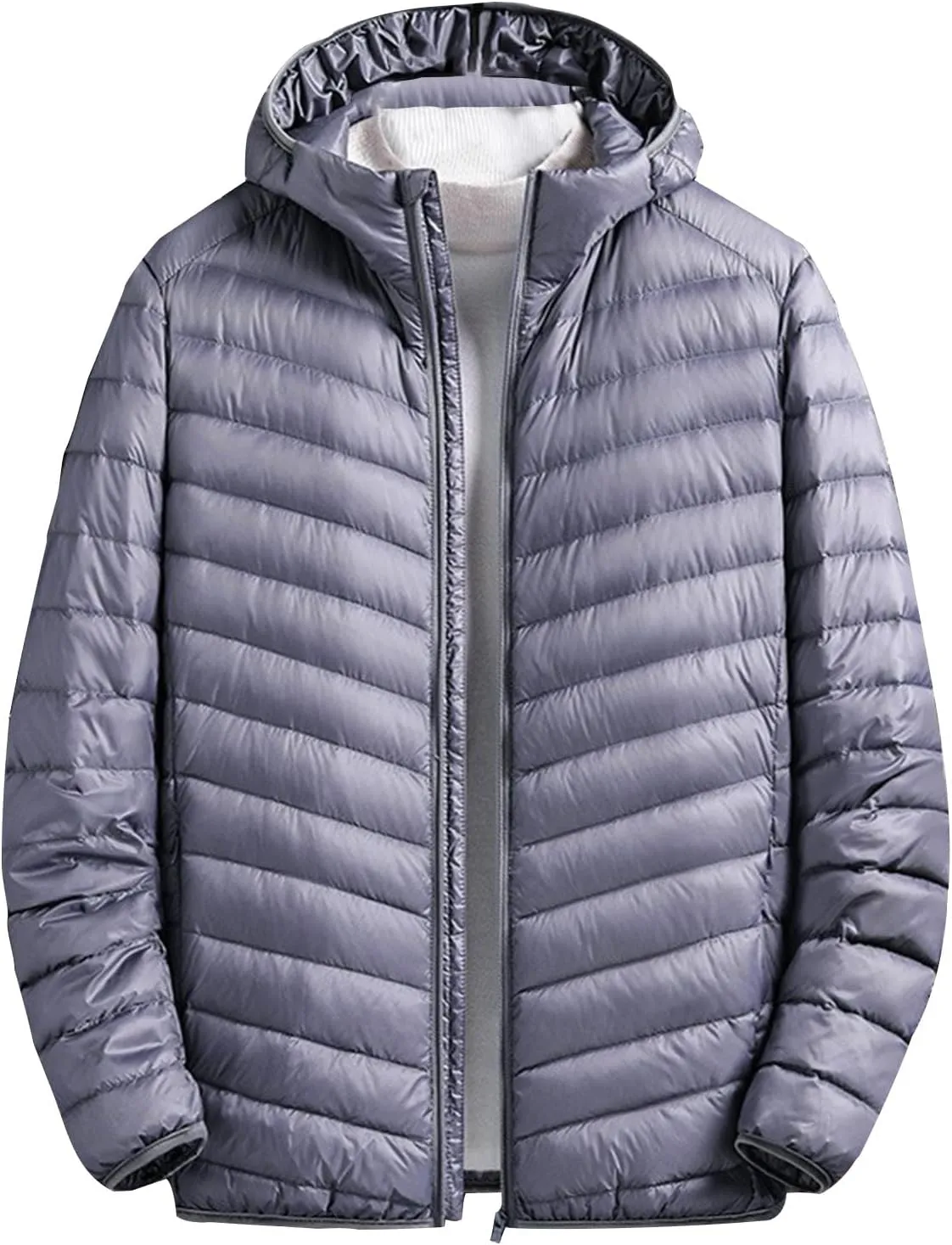 Mens Winter Lightweight Puffer Down Jacket Long Sleeve Solid Color Jackets with Hooded Casual Windproof Warm Coats