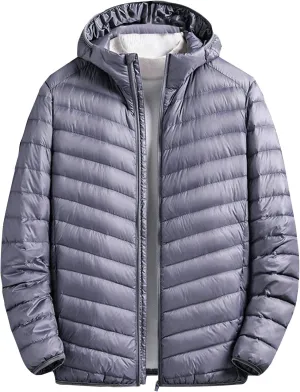 Mens Winter Lightweight Puffer Down Jacket Long Sleeve Solid Color Jackets with Hooded Casual Windproof Warm Coats