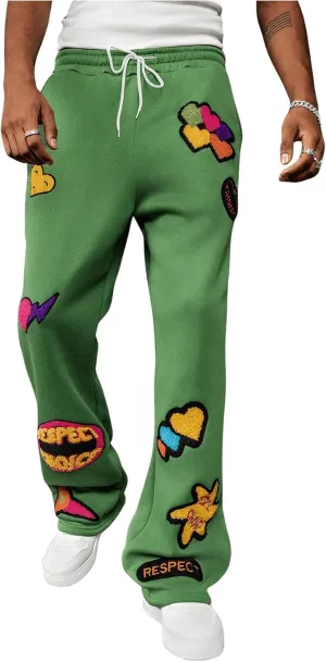 Men's Y2k Embroidered Flare Sweatpants Drawstring Elastic Waist Jogger Pants with Pockets