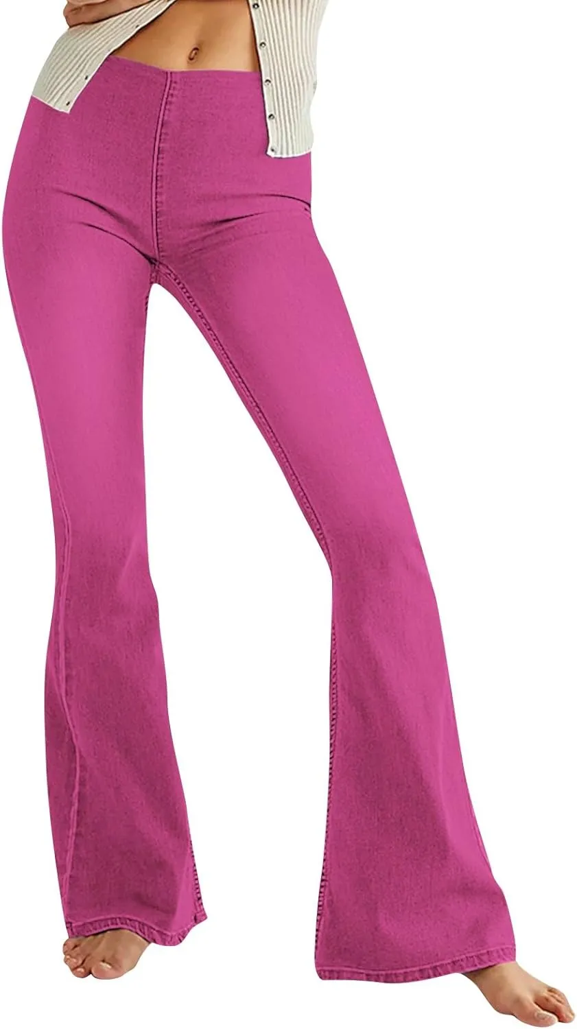 Mid Waisted Flare Jeans for Women Pull-On Skinny Flared Bootcut Denim Jegging Classic Stretch Curvy Bell Bottom Jeans