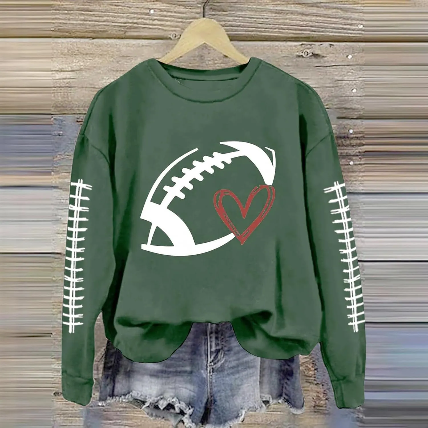 Mmoneyake Football Sweatshirts for Women Game Day Heart Football Graphic Hoodies Pullover Crew Neck Long Sleeve Mom Shirts