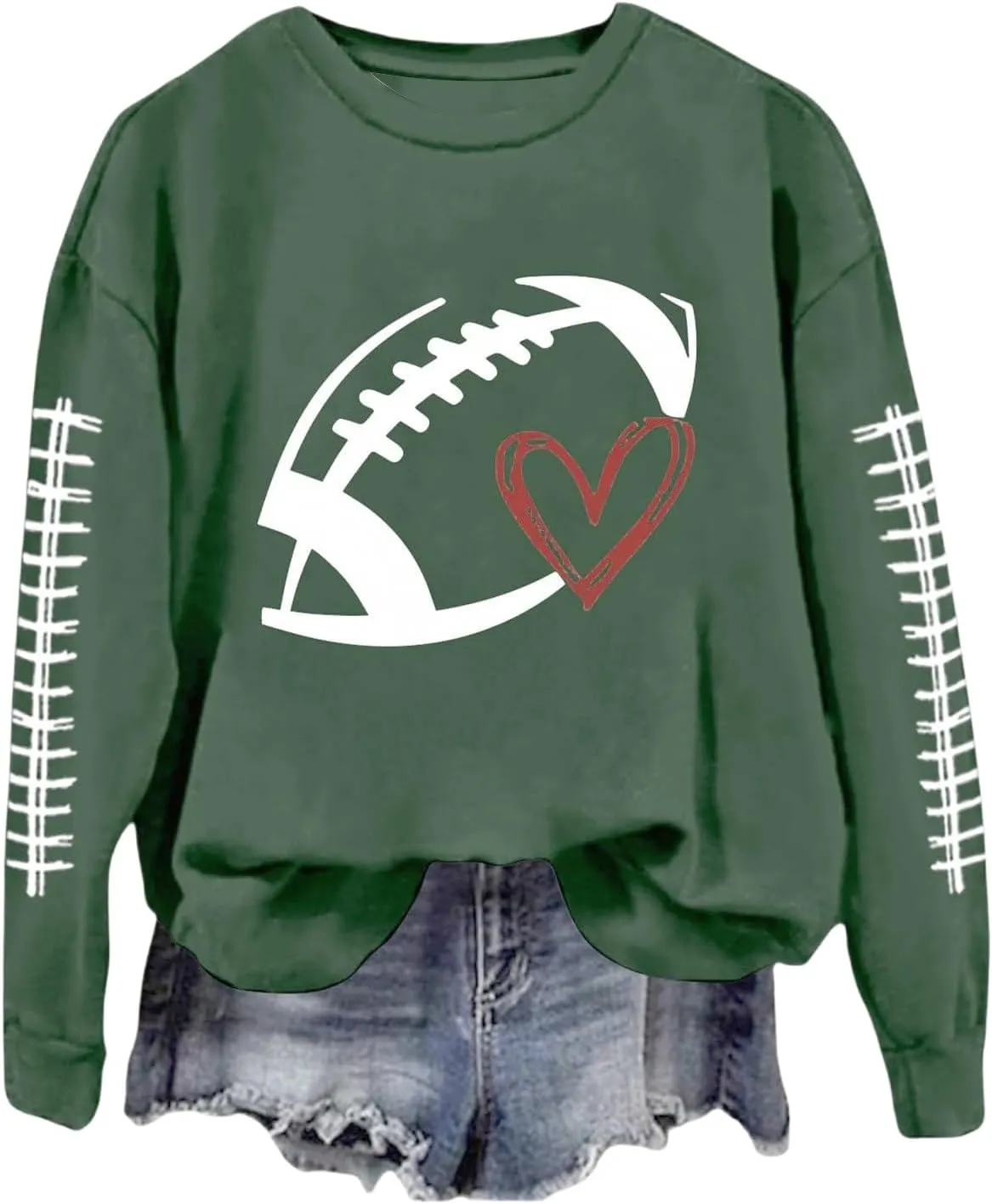 Mmoneyake Football Sweatshirts for Women Game Day Heart Football Graphic Hoodies Pullover Crew Neck Long Sleeve Mom Shirts