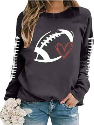 Mmoneyake Football Sweatshirts for Women Game Day Heart Football Graphic Hoodies Pullover Crew Neck Long Sleeve Mom Shirts