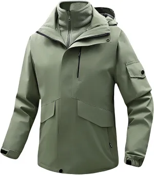 NATHGAM Rain Coat for Men Hiking Waterproof 3 In 1 Hooded Windbreaker Jackets Outdoor Fleece Windproof Camping Work Jacket
