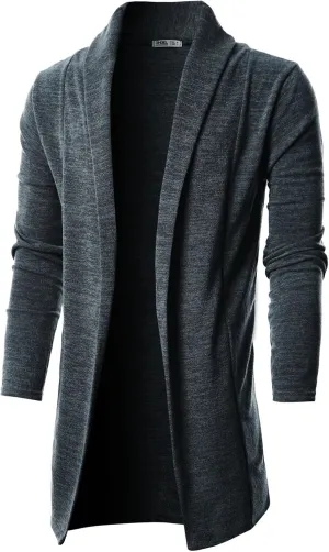 Ohoo Mens Long Sleeve Draped Lightweight Open Front Shawl Collar Longline Cardigan