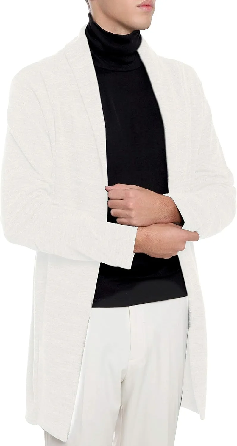 Ohoo Mens Long Sleeve Draped Lightweight Open Front Shawl Collar Longline Cardigan