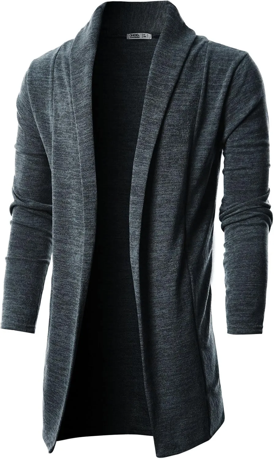 Ohoo Mens Long Sleeve Draped Lightweight Open Front Shawl Collar Longline Cardigan