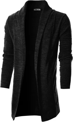 Ohoo Mens Long Sleeve Draped Lightweight Open Front Shawl Collar Longline Cardigan