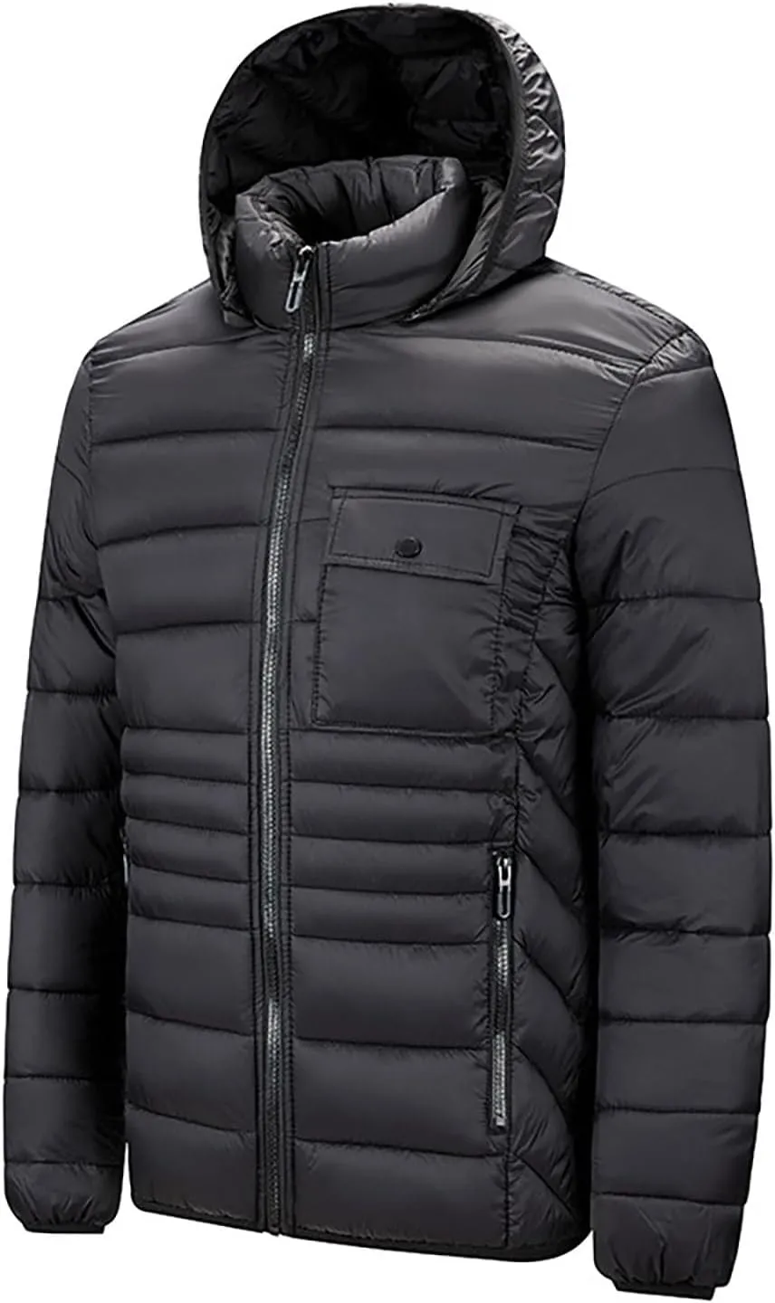 Packable Puffer Jacket Men with Hood, Lightweight Winter Warm Puffy Jackets, Plus Size Thermal Down Coat Outerwear
