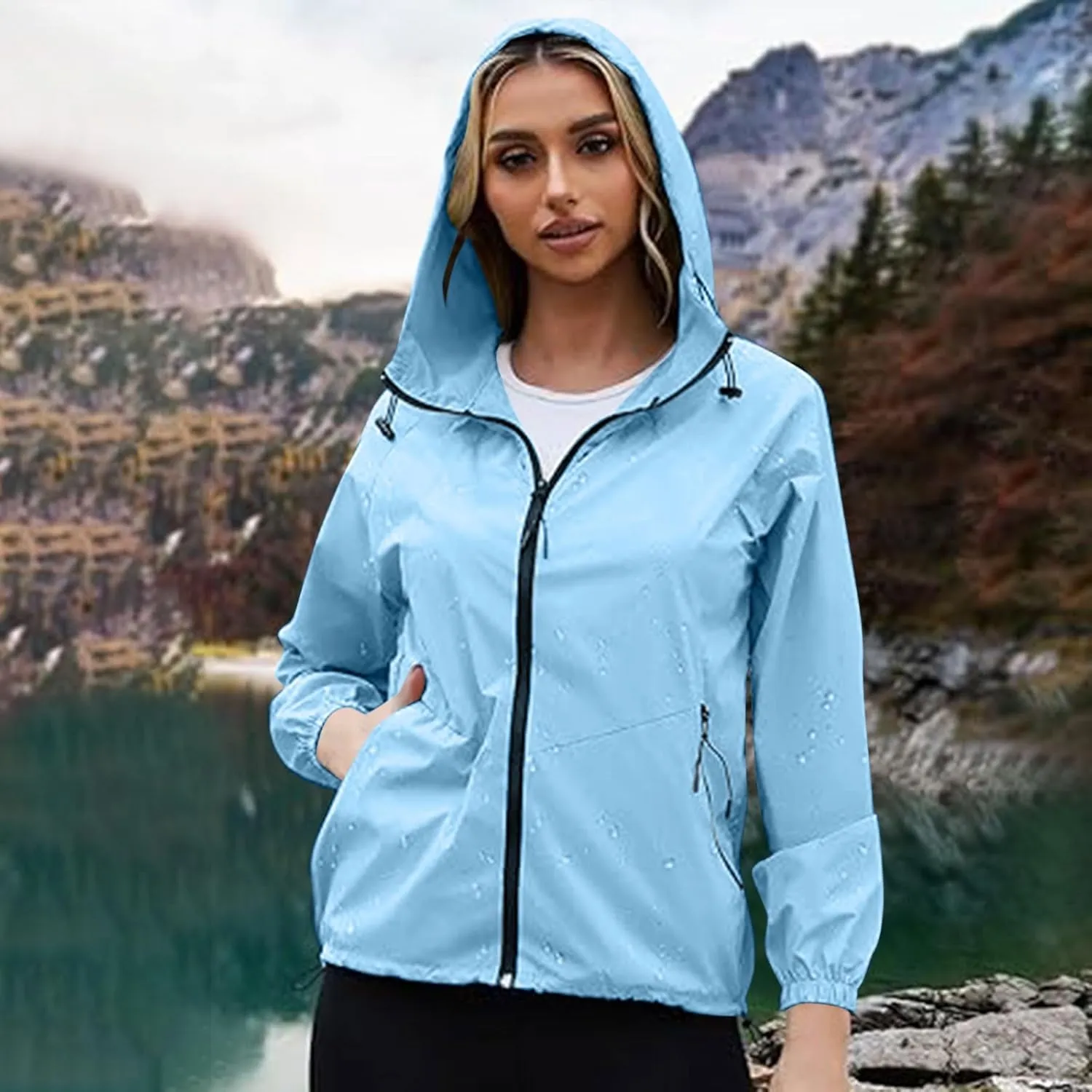 Packable Rain Jacket Women Lightweight Waterproof Raincoat with Hood Cycling Bike Jacket Windbreaker Versatile Coat