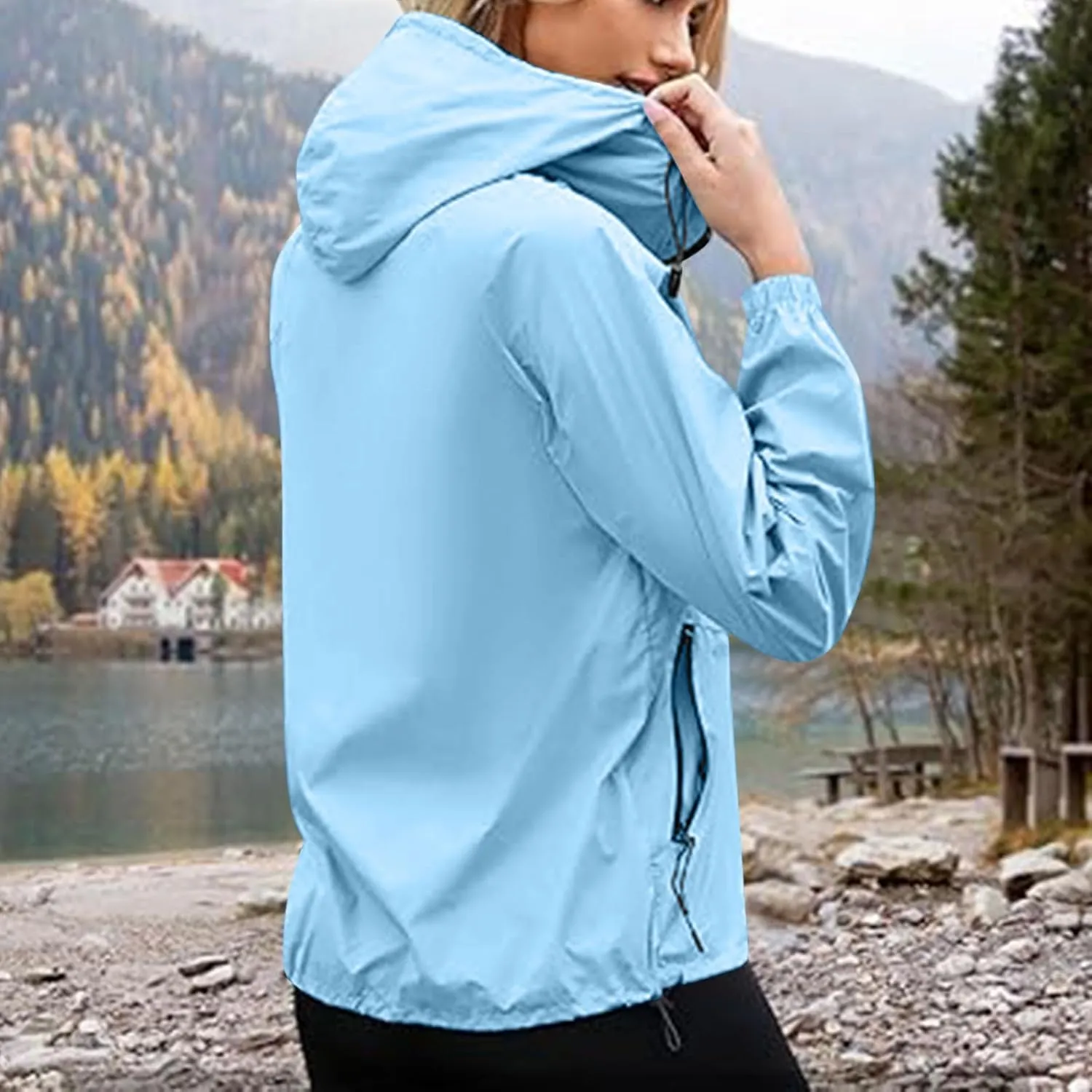 Packable Rain Jacket Women Lightweight Waterproof Raincoat with Hood Cycling Bike Jacket Windbreaker Versatile Coat