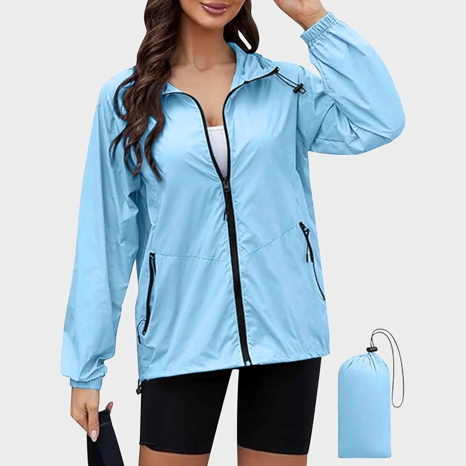 Packable Rain Jacket Women Lightweight Waterproof Raincoat with Hood Cycling Bike Jacket Windbreaker Versatile Coat