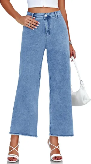 PLNOTME Womens Wide Leg Baggy Jeans High Waisted Boyfriend Raw Hem Casual Denim Pants