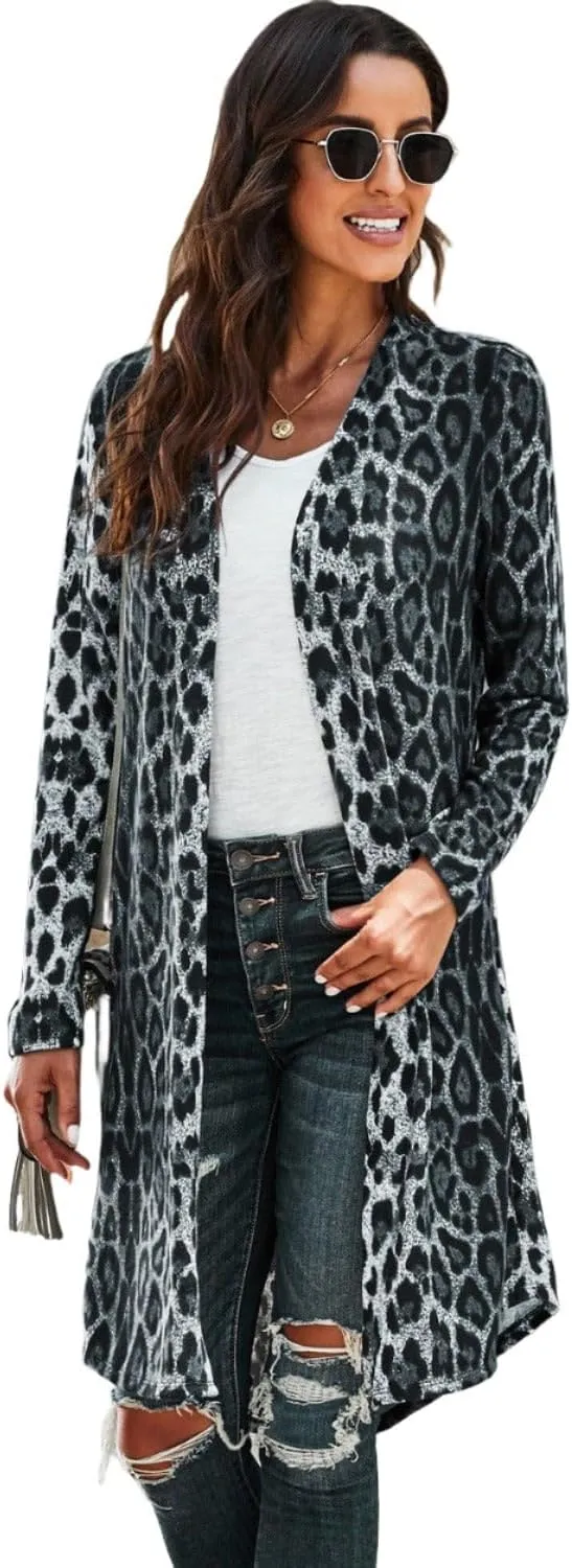 Printed Open Front Longline Cardigan Dark Leopard/S/Adults