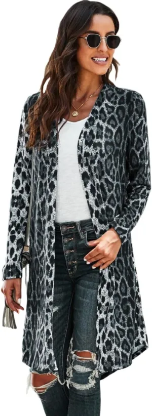 Printed Open Front Longline Cardigan Dark Leopard/S/Adults