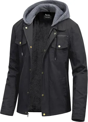 Pursky Men's Canvas Cotton Military Casual Field Jacket Outerwear With Removable Hood