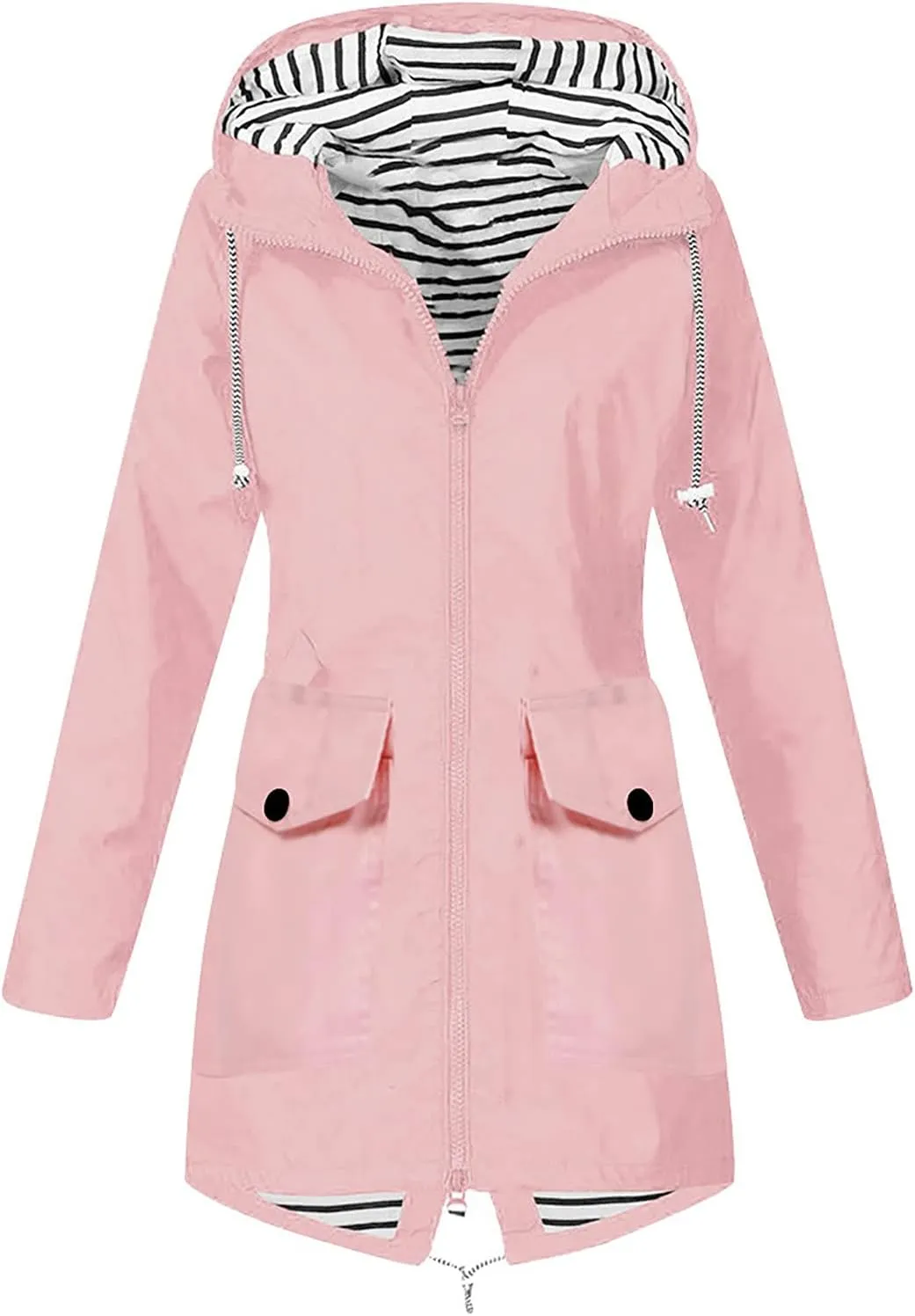 Rain Coat Womens Waterproof With Hood Trendy Zip Mid Length Outdoor Rain Jacket Fall Winter Solid Color Ski Jacket