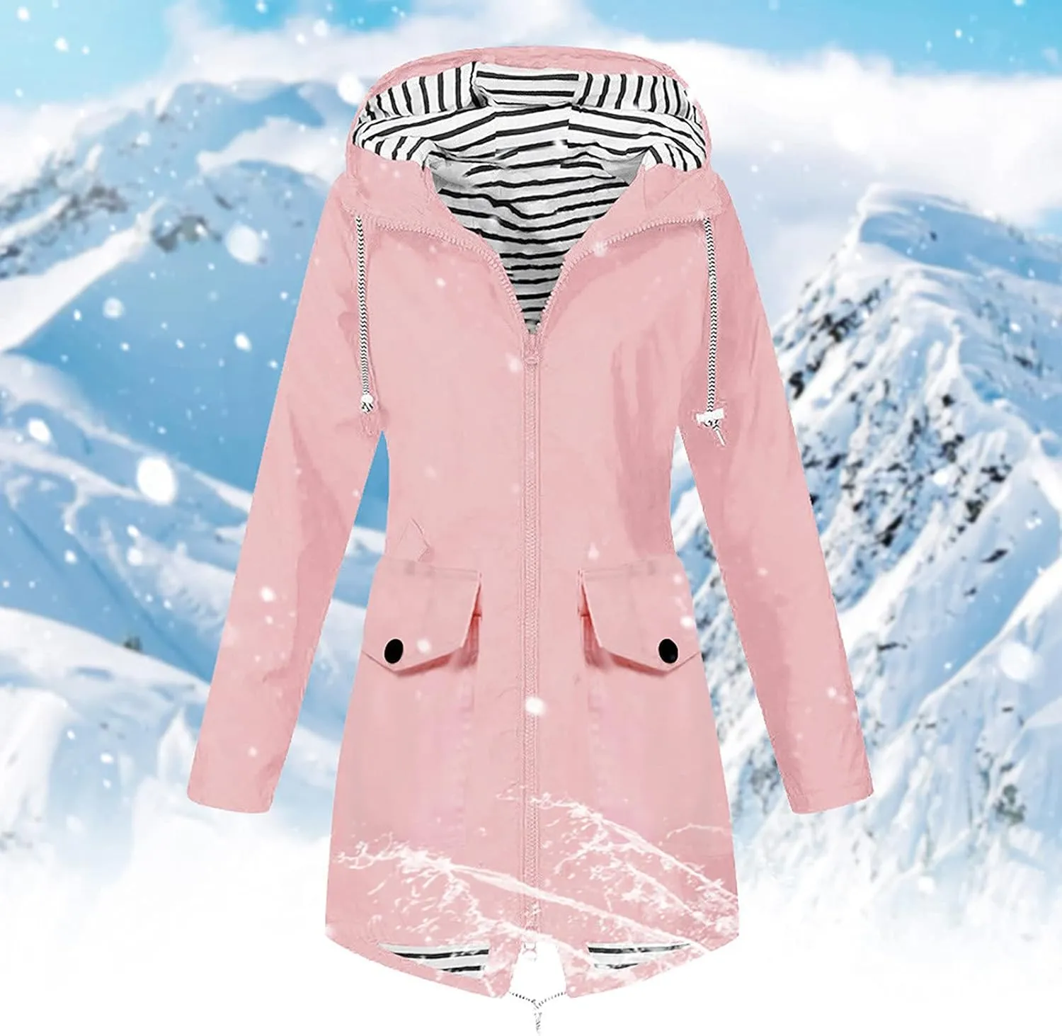 Rain Coat Womens Waterproof With Hood Trendy Zip Mid Length Outdoor Rain Jacket Fall Winter Solid Color Ski Jacket