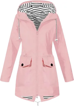 Rain Coat Womens Waterproof With Hood Trendy Zip Mid Length Outdoor Rain Jacket Fall Winter Solid Color Ski Jacket