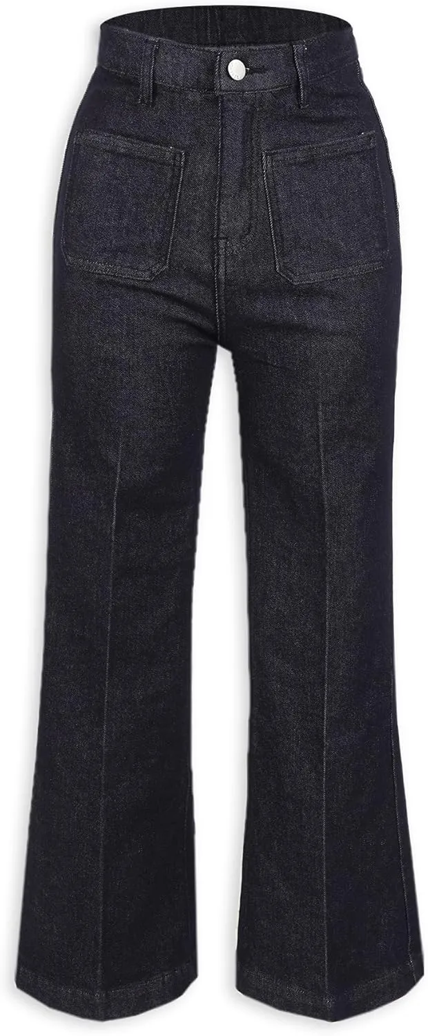 RIRINCO Women's Elastic High Waisted Flared Leg Jeans Stretch Casual Raw Denim Pants