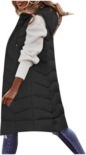 SACFOF Women's Long Puffer Vest Jacket Hoodies Full Zipper Sleeveless Down Coats Thickened Warm Windbreakers Outerwear
