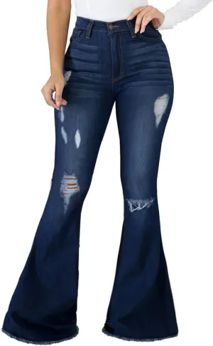 SeNight Women Bell Bottom Jeans Elastic Waist Ripped Flared Jean Destroyed Raw Hem Denim Pants