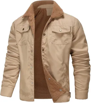 Sherpa Lined Jacket Men Fleece Warm Fuzzy Winter Coats Trucker Lapel Work Cargo Jackets Casual Overcoat with Button