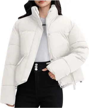 Short Down Jacket for Women Long Sleeve Full Zip Quilted Puffer Jacket with Pockets Fall Winter Baggy Short Down Coat