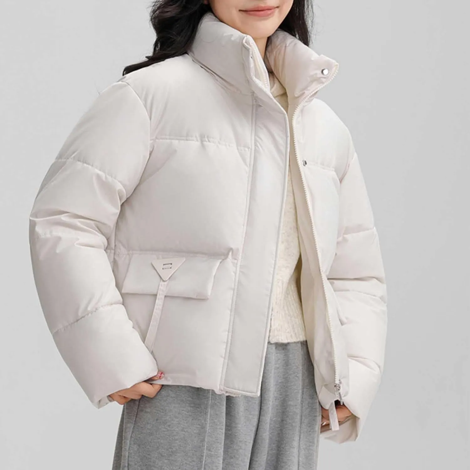 Short Down Jacket for Women Long Sleeve Full Zip Quilted Puffer Jacket with Pockets Fall Winter Baggy Short Down Coat