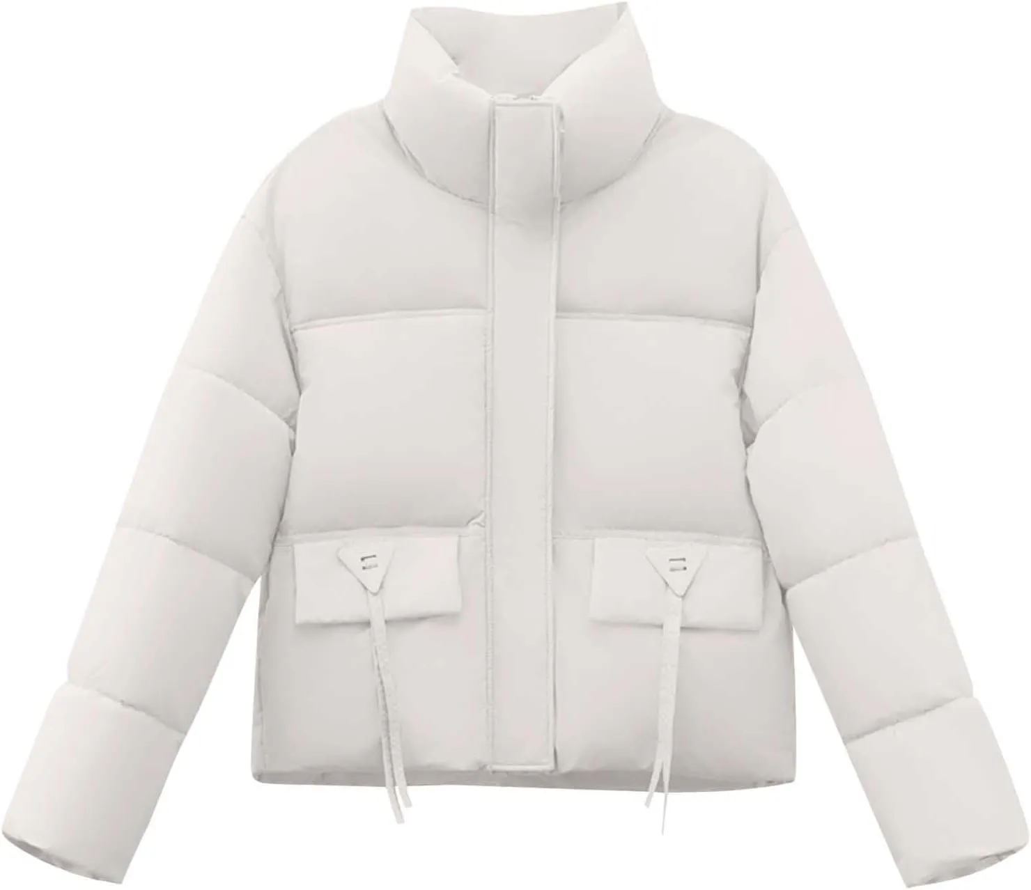 Short Down Jacket for Women Long Sleeve Full Zip Quilted Puffer Jacket with Pockets Fall Winter Baggy Short Down Coat