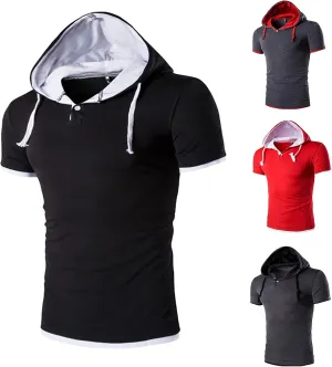 Short Sleeve Hoodies for Men Button Down Hooded Shirts Workout Gym Muscle Fit Pullover Tops 2025 Fashion Classic Tees