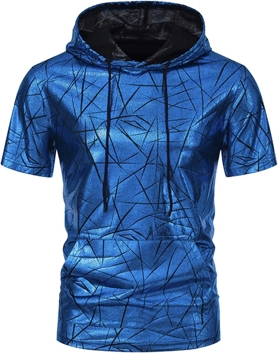 Short Sleeve Hoodies for Men Sequins Hooded Shirts with Pocket Disco Hipster Metallic Pullover Tops Casual T-Shirts