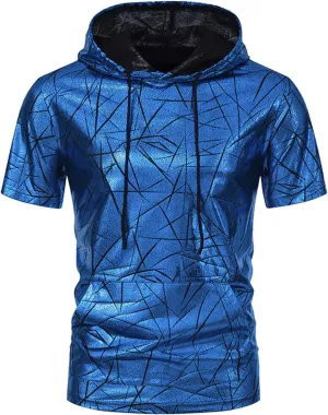 Short Sleeve Hoodies for Men Sequins Hooded Shirts with Pocket Disco Hipster Metallic Pullover Tops Casual T-Shirts