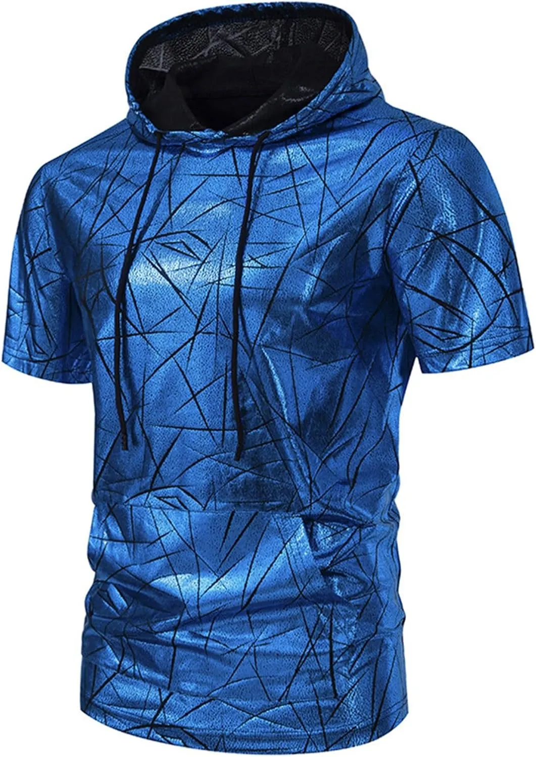 Short Sleeve Hoodies for Men Sequins Hooded Shirts with Pocket Disco Hipster Metallic Pullover Tops Casual T-Shirts