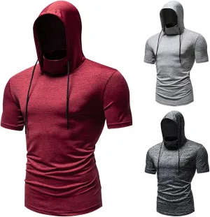 Short Sleeve Hoodies for Men Shirts with Face_Mask Turtleneck Muscle T-Shirt Fitness Casual Lightweight Slim Fit Tops