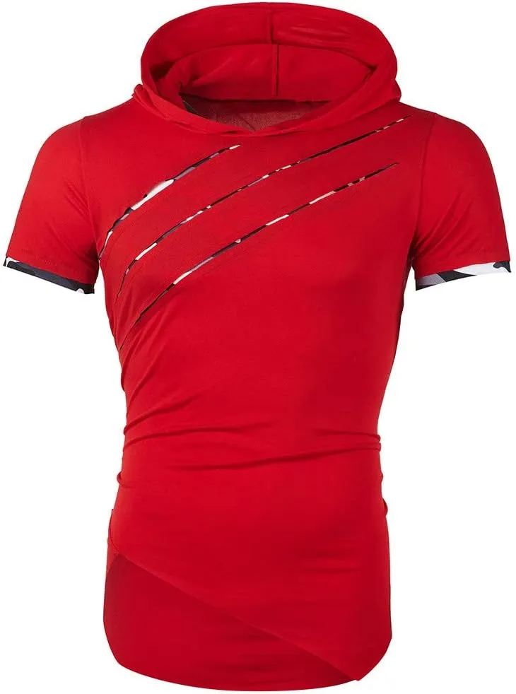 Short Sleeve Hoodies for Men Summer Hipster Hip Hop Ripped Tshirts Shirts Casual Athletic Pullover Tops Workout Tees