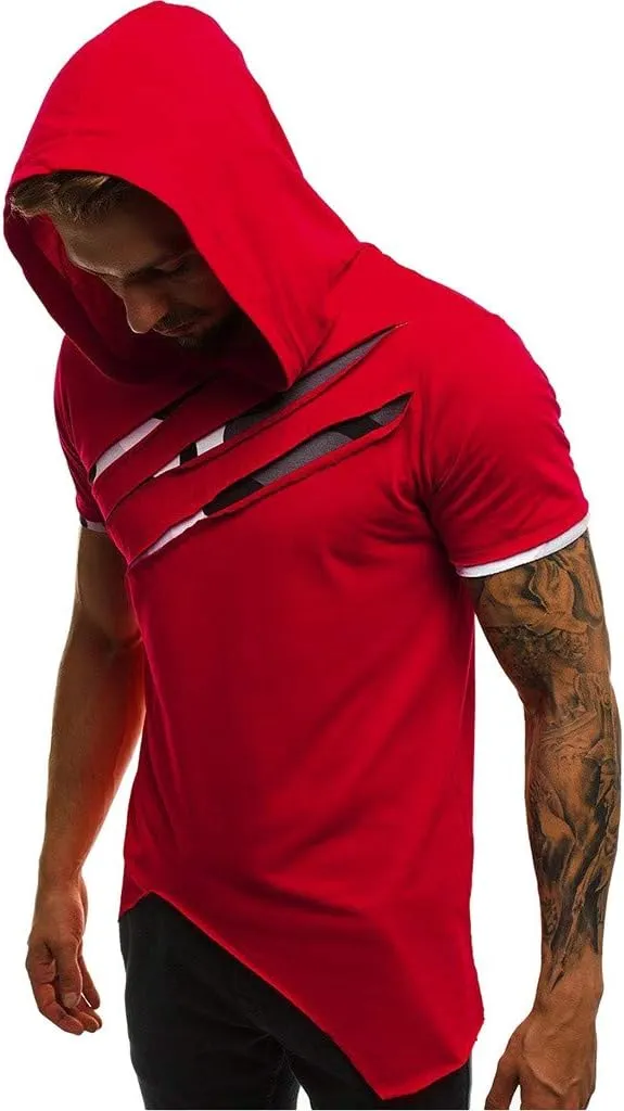 Short Sleeve Hoodies for Men Summer Hipster Hip Hop Ripped Tshirts Shirts Casual Athletic Pullover Tops Workout Tees