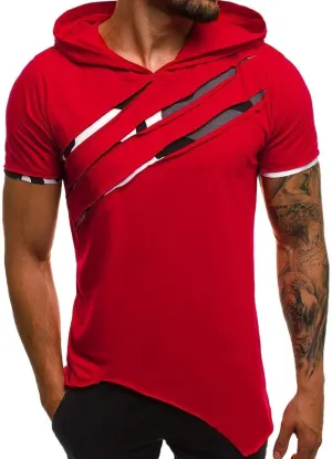 Short Sleeve Hoodies for Men Summer Hipster Hip Hop Ripped Tshirts Shirts Casual Athletic Pullover Tops Workout Tees