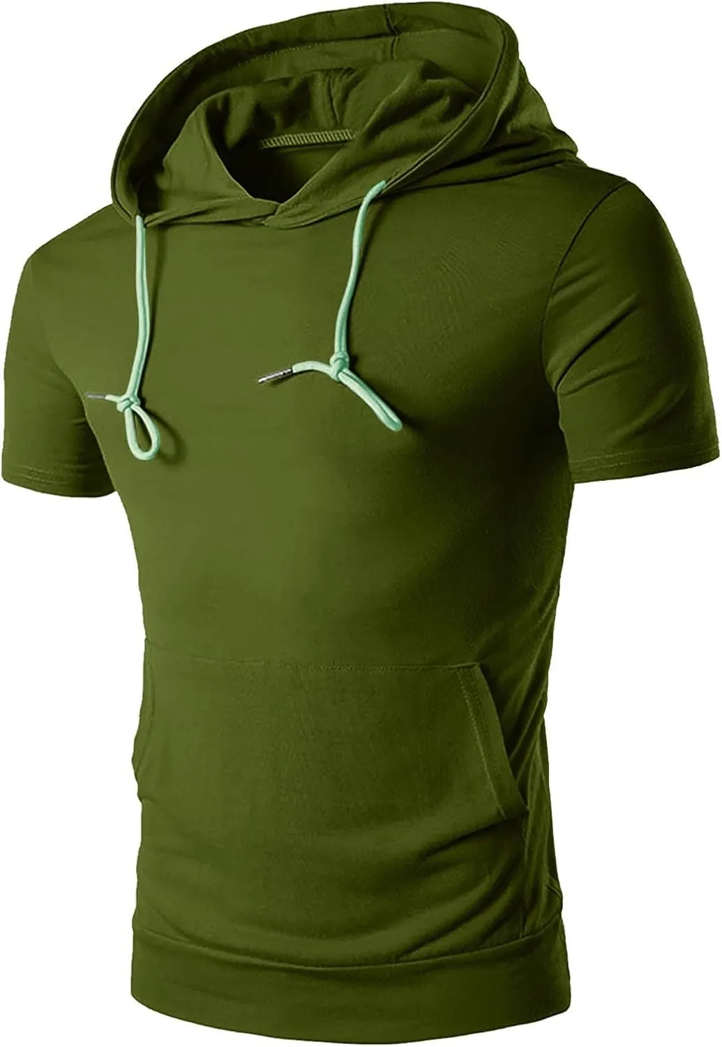 Short Sleeve Hoodies for Men Summer Shirts with Pocket Drawstring Solid Color Pullover Tops Workout T-Shirt Blouse