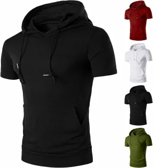 Short Sleeve Hoodies for Men Summer Shirts with Pocket Drawstring Solid Color Pullover Tops Workout T-Shirt Blouse