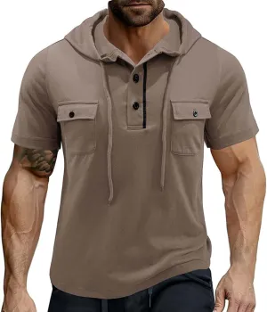 Short Sleeve Hoodies for Men Summer Tactical Tshirts Shirts Hooded with Double Pockets Drawstring Button Pullover Top
