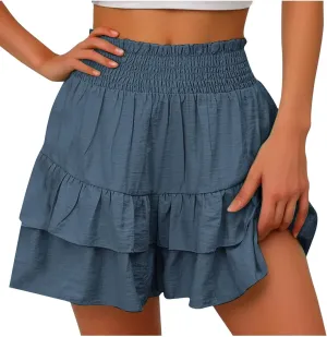 Shorts for Women Trendy Summer 2024 Elastic High Waisted Cute Ruffle Shorts Casual Beach Comfy Bermuda Short Pants