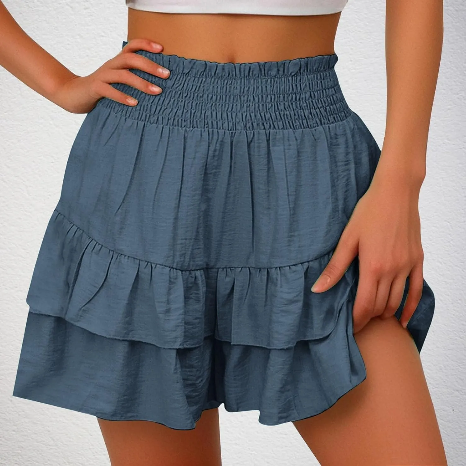 Shorts for Women Trendy Summer 2024 Elastic High Waisted Cute Ruffle Shorts Casual Beach Comfy Bermuda Short Pants