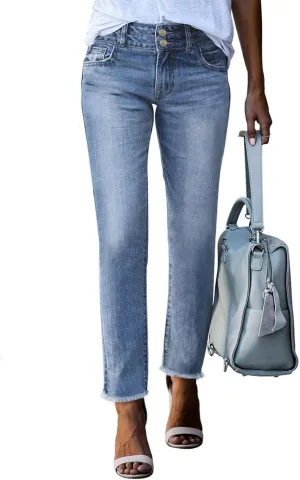 Sidefeel Women's High Waisted Jeans Strechy Spring Fashion Raw Hem Straight Leg Ankle Denim Pants with Pockets