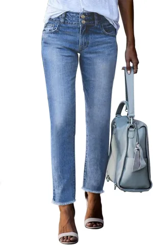 Sidefeel Women's High Waisted Jeans Strechy Spring Fashion Raw Hem Straight Leg Ankle Denim Pants with Pockets