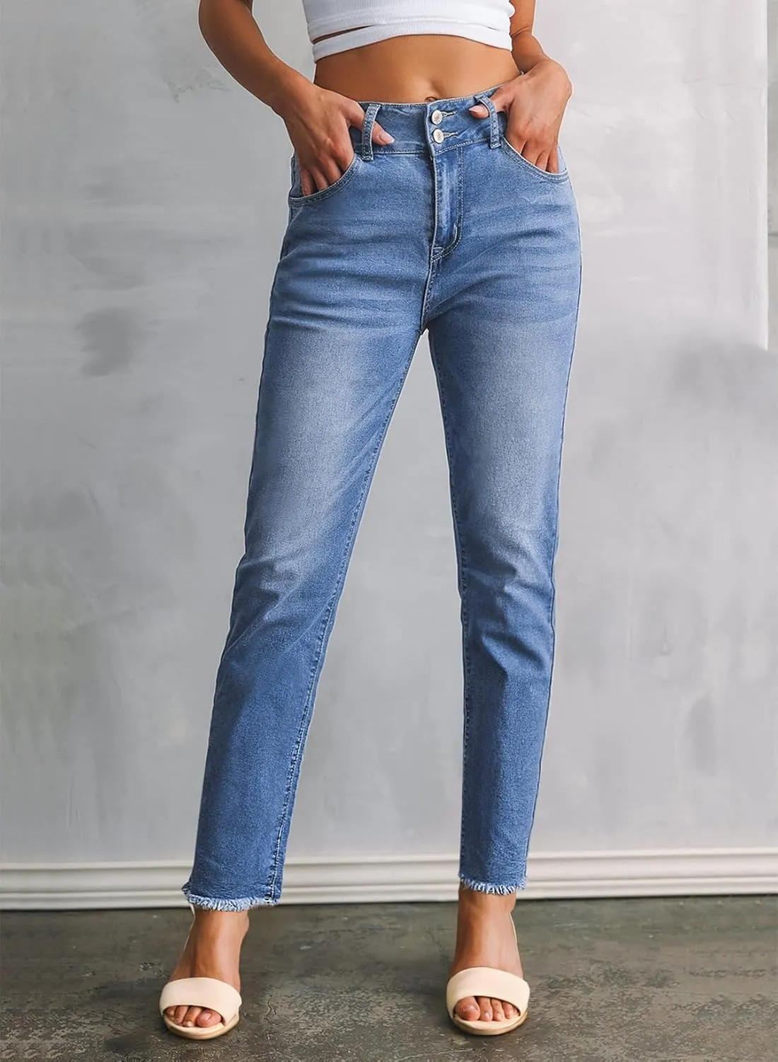 Sidefeel Women's High Waisted Jeans Strechy Spring Fashion Raw Hem Straight Leg Ankle Denim Pants with Pockets
